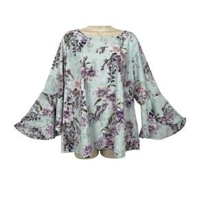 Belle Kim Gravel Top Large Blue Floral Flutter Sleeve Pastel Garden Boho A307916